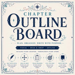 May include: A square Chapter Outline Board sign with dark blue text on a cream background. The text reads: Chapter Outline Board, Plan, Organize, Write With Purpose, Visual, Drag & Drop, Offline, Outline Every Chapter, Strengthen Every Story.