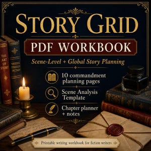 Può includere: Un quaderno di lavoro digitale intitolato "Story Grid PDF Workbook" per scrittori di narrativa. L'immagine presenta una candela accesa, libri antichi, un calamaio e una penna. Il quaderno include la pianificazione della storia a livello di scena e globale.