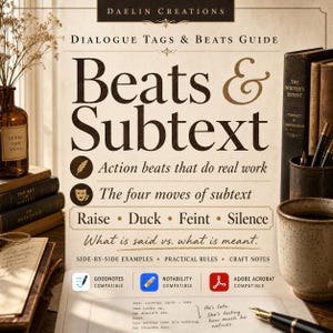 May include: A guide titled Beats & Subtext: Dialogue Tags & Beats Guide by Daelin Creations. The text lists action beats, four moves of subtext, and notes on what is said versus meant. It includes icons for Goodnotes, Notability, and Adobe Acrobat.