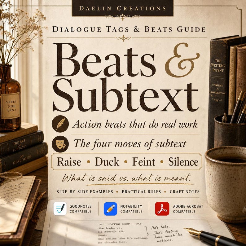 May include: A guide titled Beats & Subtext: Dialogue Tags & Beats Guide by Daelin Creations. The text lists action beats, four moves of subtext, and notes on what is said versus meant. It includes icons for Goodnotes, Notability, and Adobe Acrobat.