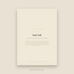 May include: A beige digital workbook cover titled Don't Tell with the subtitle Practical exercises for mastering the art of show, don't tell in your fiction. The page includes descriptive text, 7 sections, and Goodnotes ready branding.