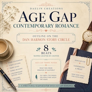 Op de afbeelding: Een digitale planner-omslag getiteld Age Gap Contemporary Romance door Daelin Creations. Het bevat een Dan Harmon Story Circle-schema, 8 beats en trope-notities. Inclusief een koffiekopje, vulpen, polshorloge en een donkerblauw notitieboek.