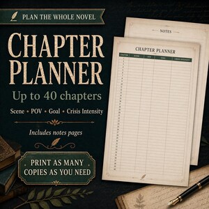 May include: A chapter planner with the text "Chapter Planner" and "Up to 40 chapters." The planner includes sections for scene, POV, goal, and crisis intensity. The image also includes the text "Plan the whole novel" and "Print as many copies as you need."