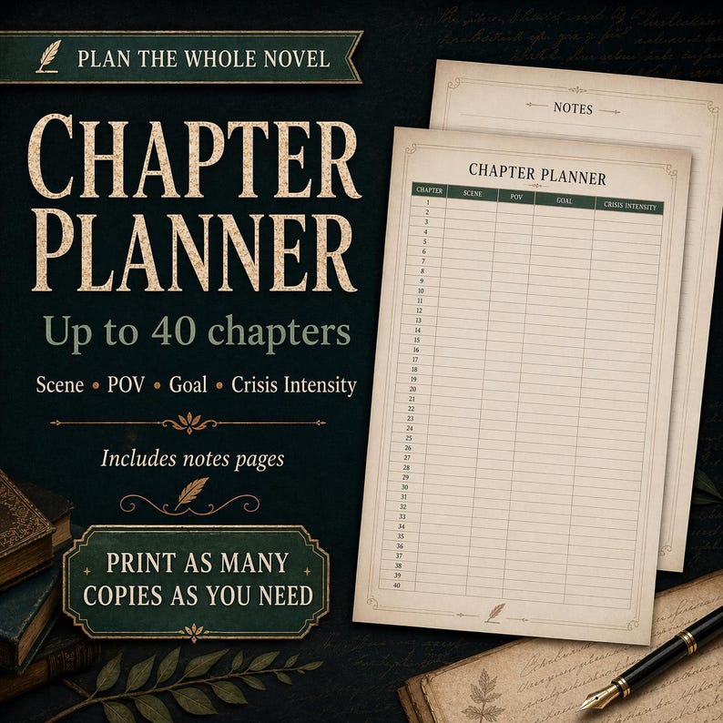 May include: A chapter planner with the text "Chapter Planner" and "Up to 40 chapters." The planner includes sections for scene, POV, goal, and crisis intensity. The image also includes the text "Plan the whole novel" and "Print as many copies as you need."