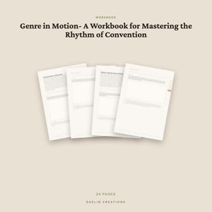 K&ouml;nnte beinhalten: Ein Arbeitsbuch mit dem Titel Genre in Motion- A Workbook for Mastering the Rhythm of Convention, bestehend aus vier &uuml;berlappenden wei&szlig;en Seiten mit gedrucktem Text. Das Dokument umfasst 24 Seiten und tr&auml;gt unten den Markennamen Daelin Creations.