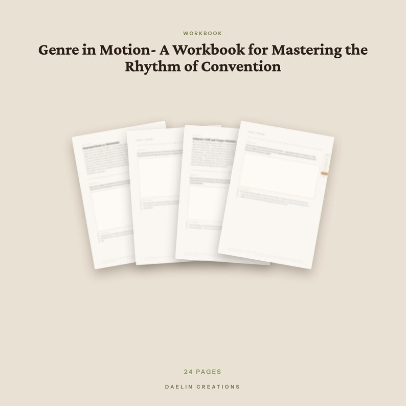 K&ouml;nnte beinhalten: Ein Arbeitsbuch mit dem Titel Genre in Motion- A Workbook for Mastering the Rhythm of Convention, bestehend aus vier &uuml;berlappenden wei&szlig;en Seiten mit gedrucktem Text. Das Dokument umfasst 24 Seiten und tr&auml;gt unten den Markennamen Daelin Creations.