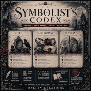 K&ouml;nnte beinhalten: Das Buchcover von The Symbolist's Codex zeigt ein dunkles, verziertes Design mit drei Abschnitten: Gothic, Dark Romance und Fantasy. Es enth&auml;lt Illustrationen von Spiegel, Rabe, Ketten, Schl&uuml;ssel, Umschlag, Schwert und Runen sowie Text mit Details zu Symboleintr&auml;gen, Handwerksnotizen und Checklisten f&uuml;r Autoren.