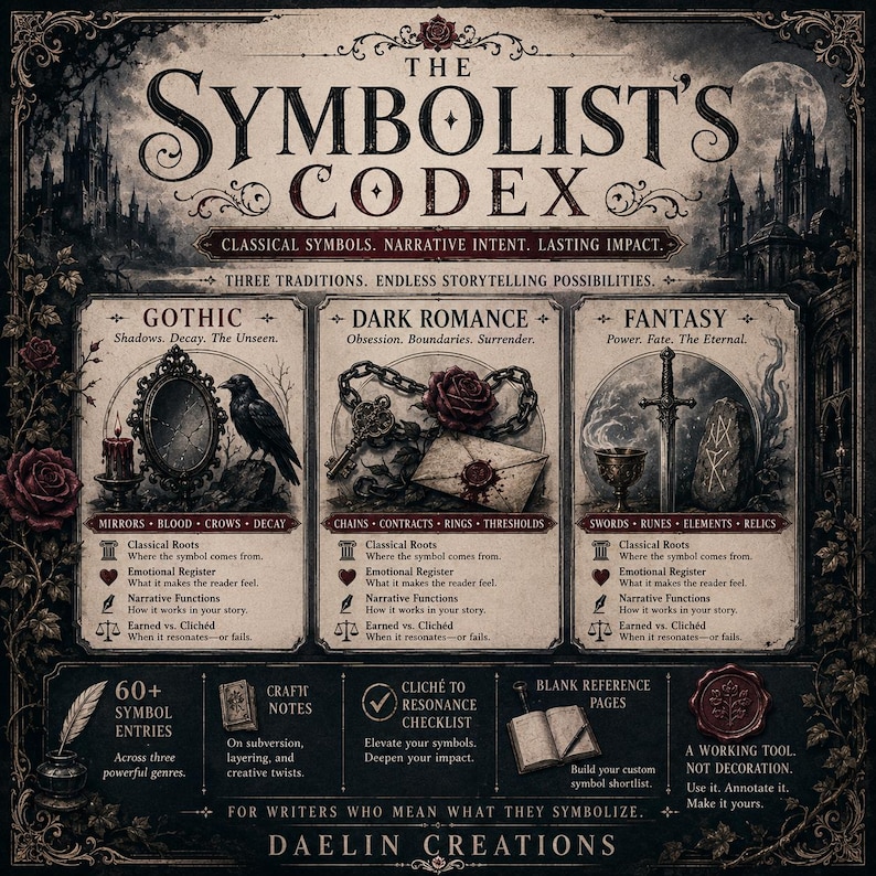 K&ouml;nnte beinhalten: Das Buchcover von The Symbolist's Codex zeigt ein dunkles, verziertes Design mit drei Abschnitten: Gothic, Dark Romance und Fantasy. Es enth&auml;lt Illustrationen von Spiegel, Rabe, Ketten, Schl&uuml;ssel, Umschlag, Schwert und Runen sowie Text mit Details zu Symboleintr&auml;gen, Handwerksnotizen und Checklisten f&uuml;r Autoren.