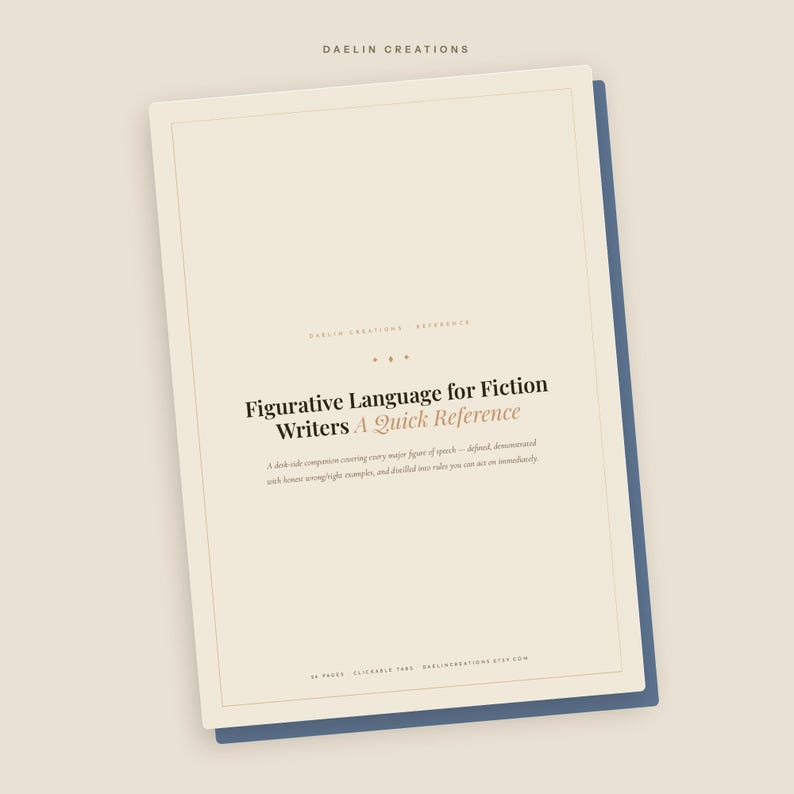 以下が含まれることがあります： クリーム色の表紙に暗い文字と細い枠線が施された、Figurative Language for Fiction Writers A Quick Referenceというタイトルの長方形のリファレンスガイド。このドキュメントは濃い青色の裏地が付いており、Daelin Creationsというテキストが含まれています。