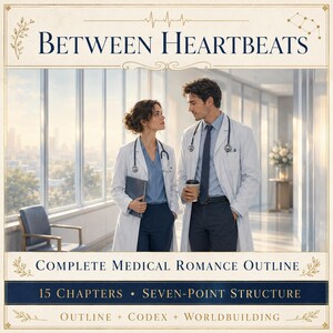 May include: A digital document titled Between Heartbeats, Complete Medical Romance Outline, 15 Chapters, Seven-Point Structure, Outline + Codex + Worldbuilding. It features two medical professionals in white coats standing in a bright hallway.