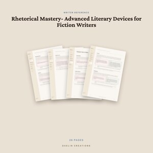 Op de afbeelding: Een set van vier witte papieren documenten getiteld Rhetorical Mastery- Advanced Literary Devices for Fiction Writers, met tekst en gestructureerde secties. Onderaan de afbeelding staat de tekst 26 PAGES en DAELIN CREATIONS.