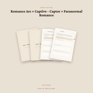 Pu&ograve; includere: Un documento di 20 pagine con la scaletta della storia intitolato Romance Arc x Captive - Captor x Paranormal Romance di Daelin Creations. Il documento presenta una serie di pagine color bianco sporco con testo scuro e sezioni strutturate.