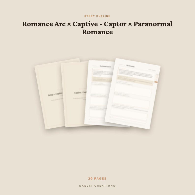 Pu&ograve; includere: Un documento di 20 pagine con la scaletta della storia intitolato Romance Arc x Captive - Captor x Paranormal Romance di Daelin Creations. Il documento presenta una serie di pagine color bianco sporco con testo scuro e sezioni strutturate.