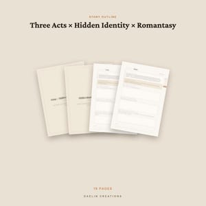 K&ouml;nnte beinhalten: Ein 19-seitiges Story-Outline-Dokument mit dem Titel Three Acts x Hidden Identity x Romantasy von Daelin Creations. Das Dokument besteht aus mehreren cremefarbenen Seiten mit strukturierten Abschnitten f&uuml;r die narrative Planung.