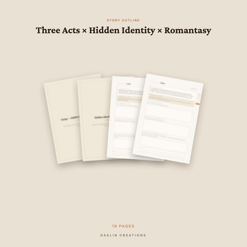 K&ouml;nnte beinhalten: Ein 19-seitiges Story-Outline-Dokument mit dem Titel Three Acts x Hidden Identity x Romantasy von Daelin Creations. Das Dokument besteht aus mehreren cremefarbenen Seiten mit strukturierten Abschnitten f&uuml;r die narrative Planung.