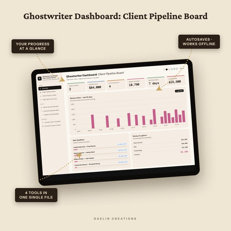 Ghostwriter-Dashboard | Kunden-Pipeline-Board, Honorarrechner, Interviewfragen-Datenbank & Rechnungs-Tracker (HTML-Tool) Bild 6