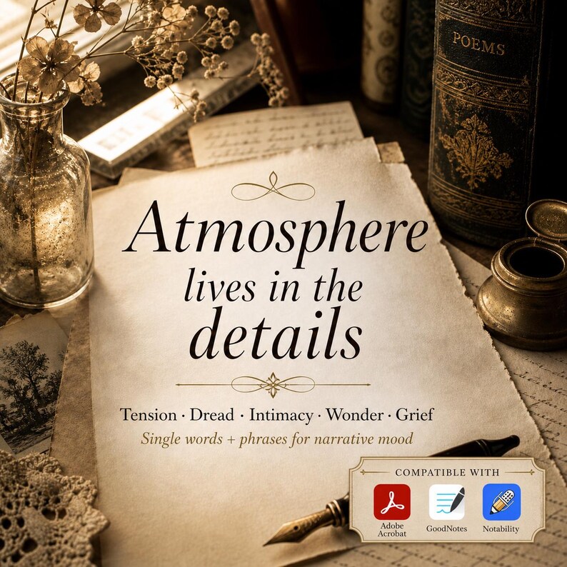 May include: A piece of parchment paper with the text "Atmosphere lives in the details" and "Tension &middot; Dread &middot; Intimacy &middot; Wonder &middot; Grief" followed by "Single words + phrases for narrative mood" and a compatibility label for Adobe Acrobat, GoodNotes, and Notability.