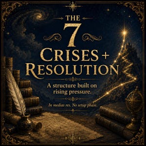 May include: An artistic illustration with a dark blue and gold color scheme. The text reads "THE 7 CRISES + RESOLUTION" with additional text: "A structure built on rising pressure. In medias res. No setup phase."