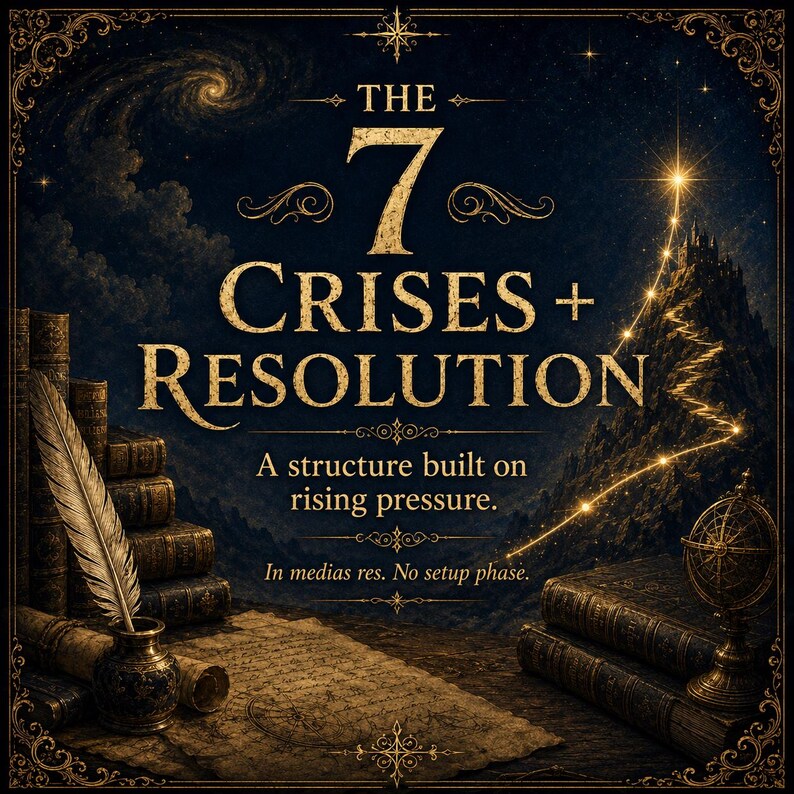 May include: An artistic illustration with a dark blue and gold color scheme. The text reads "THE 7 CRISES + RESOLUTION" with additional text: "A structure built on rising pressure. In medias res. No setup phase."