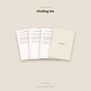 May include: A digital story outline document titled Finding Me, featuring 22 pages. The layout includes three pages of text with structured sections and one cover page labeled The Resolution, all presented in a clean, beige-toned document format.