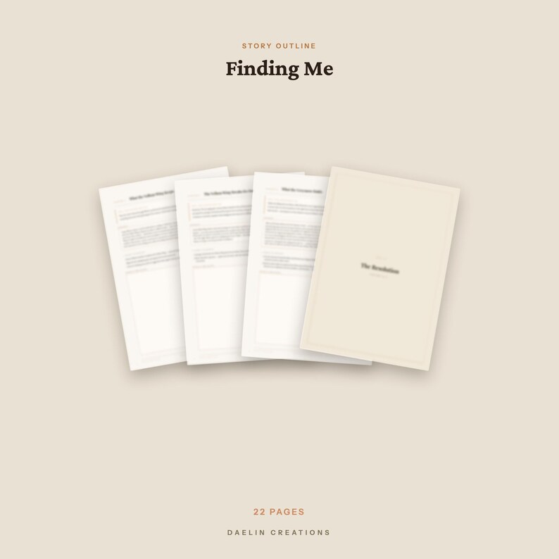 May include: A digital story outline document titled Finding Me, featuring 22 pages. The layout includes three pages of text with structured sections and one cover page labeled The Resolution, all presented in a clean, beige-toned document format.