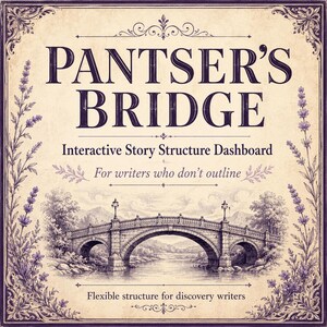 May include: A square interactive story structure dashboard titled Pantser's Bridge, featuring a vintage-style illustration of a stone bridge over a river, framed by purple lavender sprigs on a cream background with dark purple text and ornate borders.
