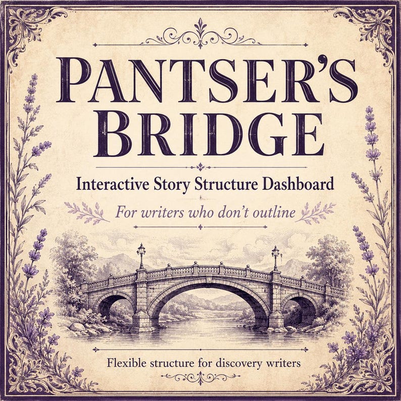 May include: A square interactive story structure dashboard titled Pantser's Bridge, featuring a vintage-style illustration of a stone bridge over a river, framed by purple lavender sprigs on a cream background with dark purple text and ornate borders.
