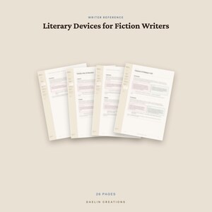 May include: A set of four white pages titled Writer Reference Literary Devices for Fiction Writers, featuring text and outlined boxes. The document contains 26 pages and is labelled Daelin Creations at the bottom, presented on a light beige background.