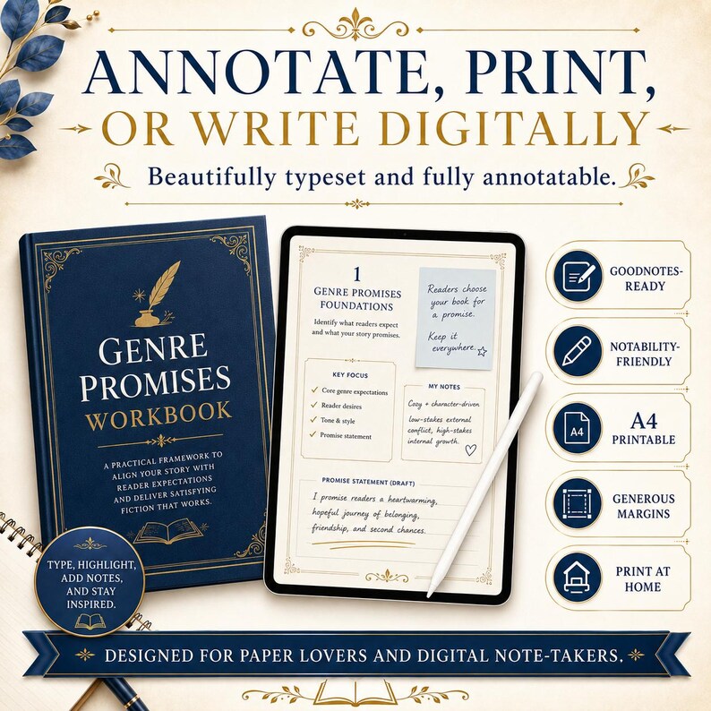 May include: A dark blue Genre Promises Workbook with gold text and a quill icon, alongside a tablet displaying a digital version of the workbook with a white stylus. The image includes text labels for Goodnotes-ready, Notability-friendly, and A4 printable.