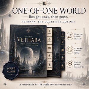 May include: A dark-themed Vethara World Bible book featuring a futuristic city and planet illustration on the cover. The book includes labelled tabs for Premise, Geography, Society, Rules, and The World, accompanied by a wax seal reading Yours Alone.
