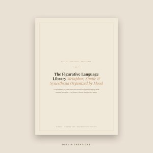 Op de afbeelding: Een beige digitale naslaggids getiteld The Figurative Language Library: Metaphor, Simile & Synesthesia Organized by Mood. De omslag bevat zwarte en beige schreeftekst, een dunne rand en kleine decoratieve elementen op een neutrale achtergrond.