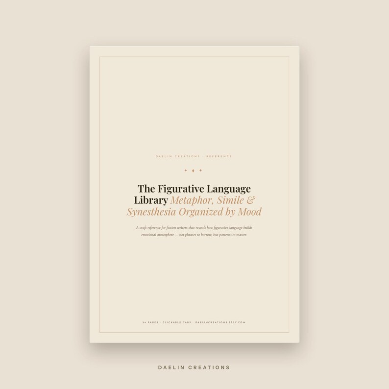 Op de afbeelding: Een beige digitale naslaggids getiteld The Figurative Language Library: Metaphor, Simile & Synesthesia Organized by Mood. De omslag bevat zwarte en beige schreeftekst, een dunne rand en kleine decoratieve elementen op een neutrale achtergrond.