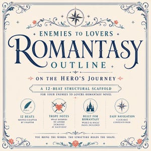 May include: A square graphic with a cream background and dark blue ornate border. Text reads: ENEMIES TO LOVERS ROMANTASY OUTLINE ON THE HERO'S JOURNEY. A 12-BEAT STRUCTURAL SCAFFOLD. Includes icons of a quill, heart with swords, castle, and compass.