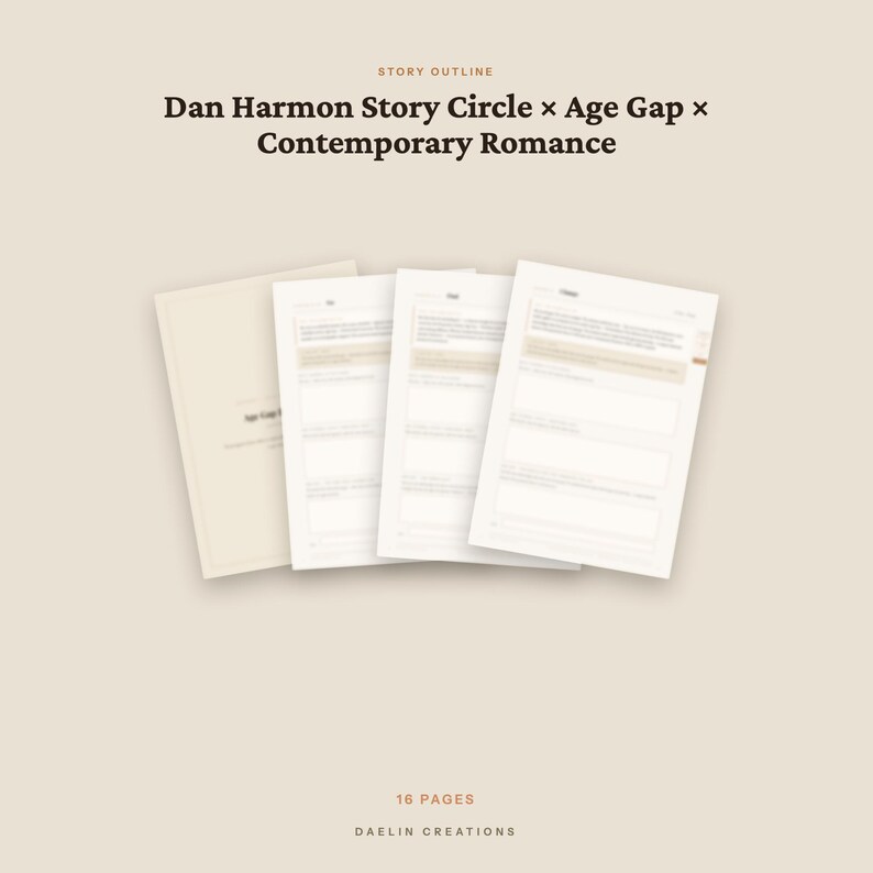 Op de afbeelding: Een 16-pagina tellend verhaaloverzicht getiteld Dan Harmon Story Circle x Age Gap x Contemporary Romance. Het document heeft een lichtbeige omslag en binnenpagina's met gestructureerde secties om te schrijven, door Daelin Creations.
