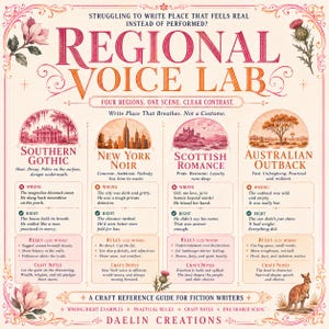May include: A craft reference guide for fiction writers titled Regional Voice Lab. The poster features four sections: Southern Gothic, New York Noir, Scottish Romance, and Australian Outback, each with wrong and right writing examples, rules, and craft notes.
