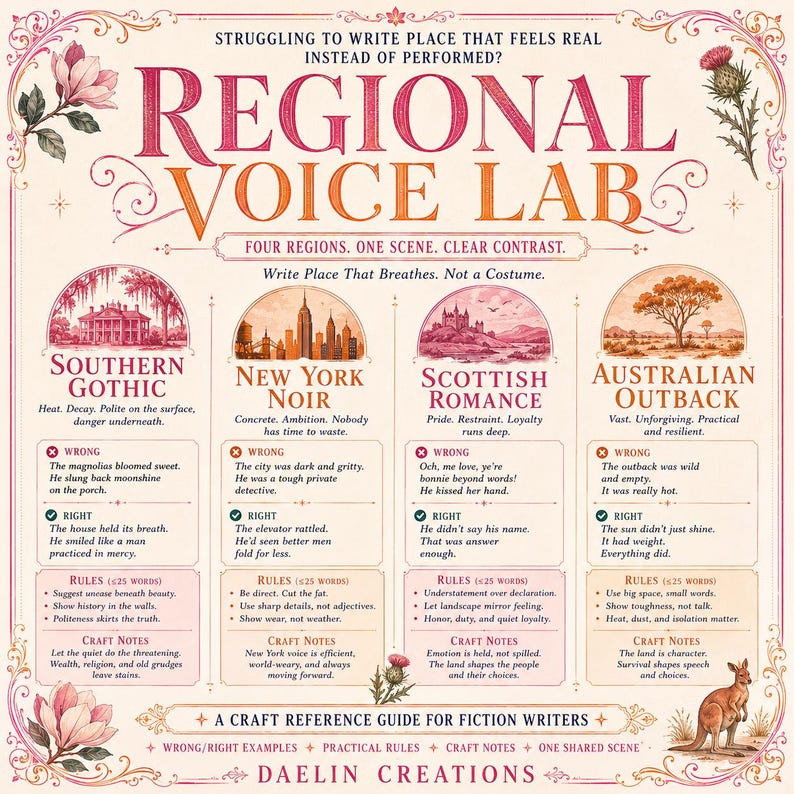 May include: A craft reference guide for fiction writers titled Regional Voice Lab. The poster features four sections: Southern Gothic, New York Noir, Scottish Romance, and Australian Outback, each with wrong and right writing examples, rules, and craft notes.