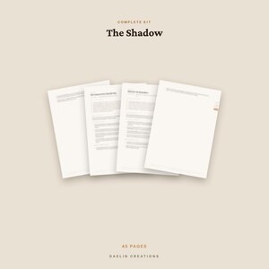 May include: A complete kit titled The Shadow, consisting of 45 pages of printed documents. The set includes four white paper sheets with black text, arranged in a fan-like display against a solid light beige background. The text Daelin Creations is visible at the bottom.