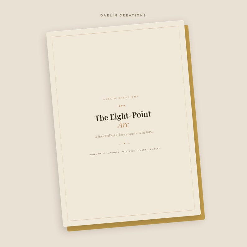 May include: A cream-colored digital workbook cover titled The Eight-Point Arc, A Story Workbook - Plan your novel with the 8-Plot. The text Daelin Creations appears at the top and bottom, with additional text noting it is printable and Goodnotes-ready.