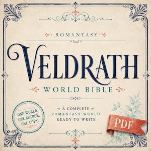 Op de afbeelding: Een vierkante documentomslag met een cr&egrave;mekleurige achtergrond en een donkerblauwe, sierlijke rand. De tekst luidt: ROMANTASY VELDRATH WORLD BIBLE. A COMPLETE ROMANTASY WORLD READY TO WRITE. Een cirkelvormig zegel zegt: ONE WORLD. ONE AUTHOR. ONE COPY. Een rood lint toont: PDF.