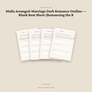 Op de afbeelding: Een digitaal sjabloon voor een verhaalopzet getiteld Mafia Arranged-Marriage Dark Romance Outline &mdash; Blank Beat Sheet (Romancing the B. Het document bevat 19 pagina's met gestructureerde schrijfsecties, weergegeven als vier overlappende witte vellen.