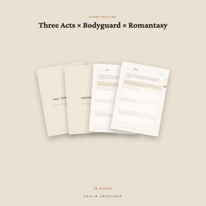 Op de afbeelding: Een digitaal sjabloon voor een verhaalopzet van negentien pagina's met de titel Three Acts x Bodyguard x Romantasy. Het document bevat vier gestapelde pagina's op een beige achtergrond met gestructureerde secties voor schrijven en Daelin Creations branding.