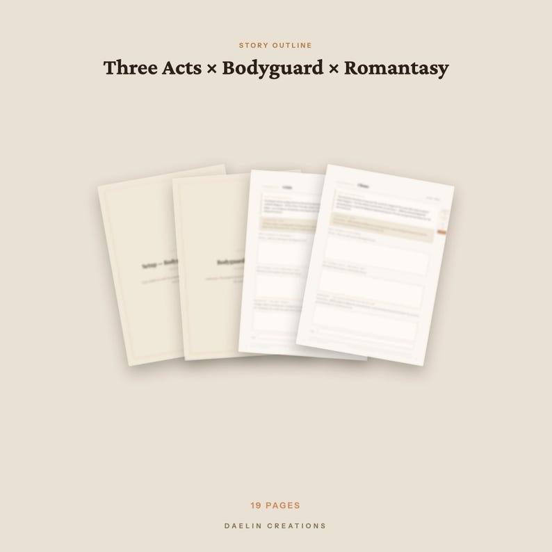 Op de afbeelding: Een digitaal sjabloon voor een verhaalopzet van negentien pagina's met de titel Three Acts x Bodyguard x Romantasy. Het document bevat vier gestapelde pagina's op een beige achtergrond met gestructureerde secties voor schrijven en Daelin Creations branding.