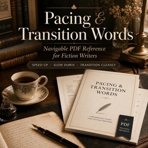 May include: A digital reference guide titled Pacing & Transition Words: Navigable PDF Reference for Fiction Writers, featuring a feather quill illustration, displayed on a desk with a teacup, inkwell, and fountain pen on a notebook.