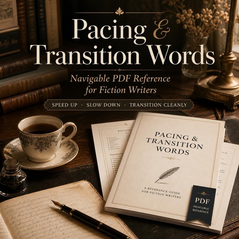 May include: A digital reference guide titled Pacing & Transition Words: Navigable PDF Reference for Fiction Writers, featuring a feather quill illustration, displayed on a desk with a teacup, inkwell, and fountain pen on a notebook.
