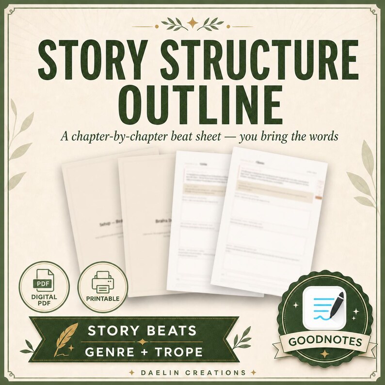 May include: A digital story structure outline template featuring the text STORY STRUCTURE OUTLINE, A chapter-by-chapter beat sheet &mdash; you bring the words, STORY BEATS, GENRE + TROPE, and DAELIN CREATIONS. Includes PDF and printable icons and a Goodnotes badge.