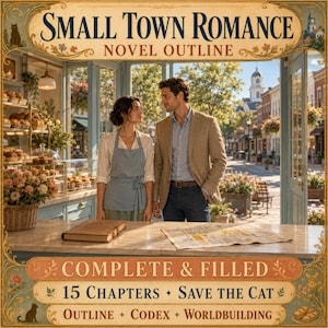 May include: A novel outline titled Small Town Romance featuring a woman in a light blue apron and a man in a tan blazer standing in a bakery. The text reads Complete & Filled, 15 Chapters, Save the Cat, Outline + Codex + Worldbuilding.