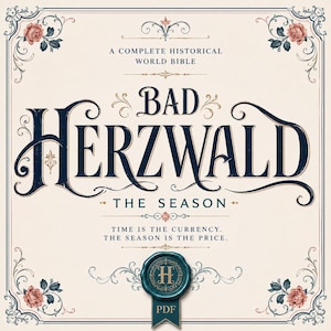 May include: A square graphic featuring the text A COMPLETE HISTORICAL WORLD BIBLE, BAD HERZWALD, THE SEASON, and TIME IS THE CURRENCY. THE SEASON IS THE PRICE. The design includes floral corner accents, a teal wax seal with an H, and PDF text.