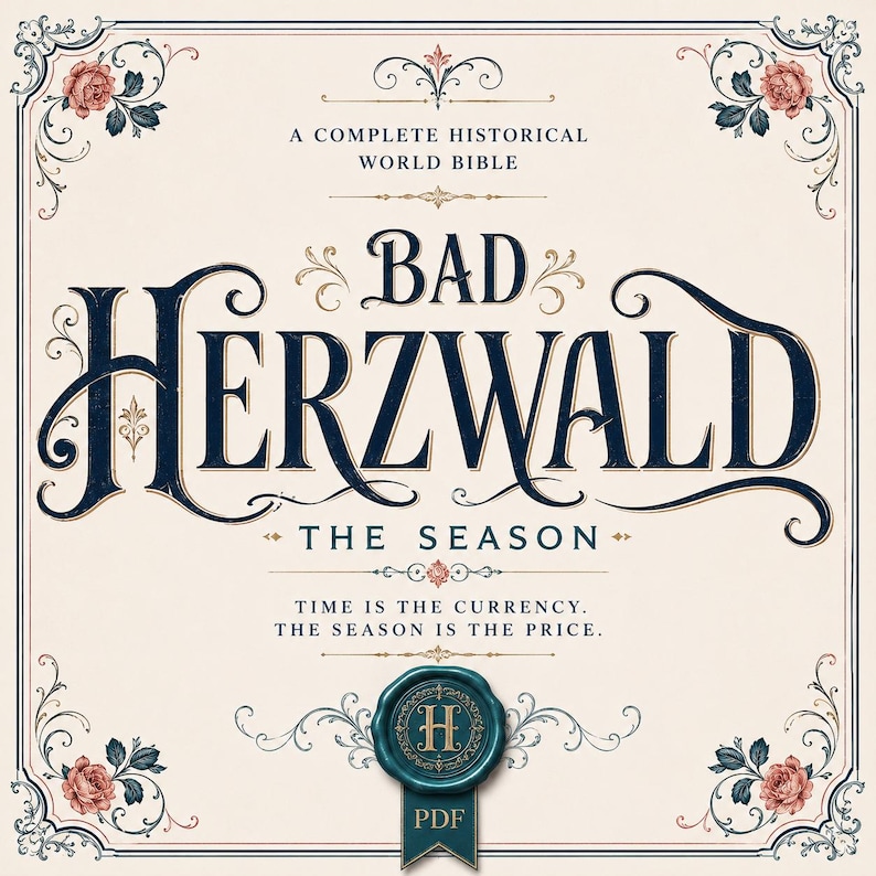 May include: A square graphic featuring the text A COMPLETE HISTORICAL WORLD BIBLE, BAD HERZWALD, THE SEASON, and TIME IS THE CURRENCY. THE SEASON IS THE PRICE. The design includes floral corner accents, a teal wax seal with an H, and PDF text.