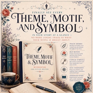 May include: A workbook titled Theme, Motif & Symbol for fiction writers, featuring a cream cover with floral illustrations, a fountain pen, a dark blue teacup, and three vintage-style books. The text includes instructions for tracking story elements.