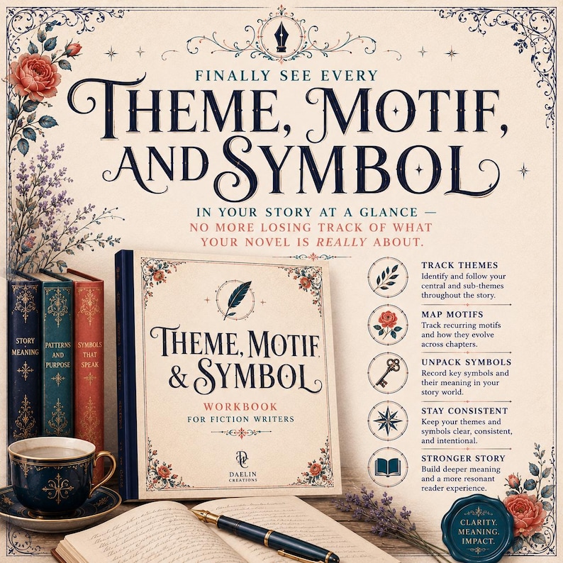May include: A workbook titled Theme, Motif & Symbol for fiction writers, featuring a cream cover with floral illustrations, a fountain pen, a dark blue teacup, and three vintage-style books. The text includes instructions for tracking story elements.